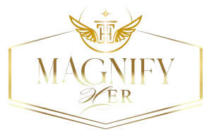 Magnify Her Gold Gradient, transparent background logo.