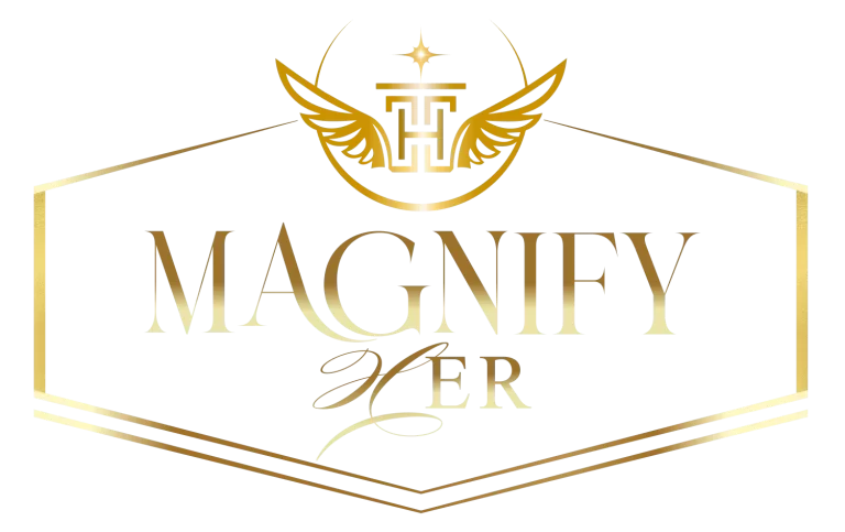 Magnify Her Gold Gradient, transparent background logo.