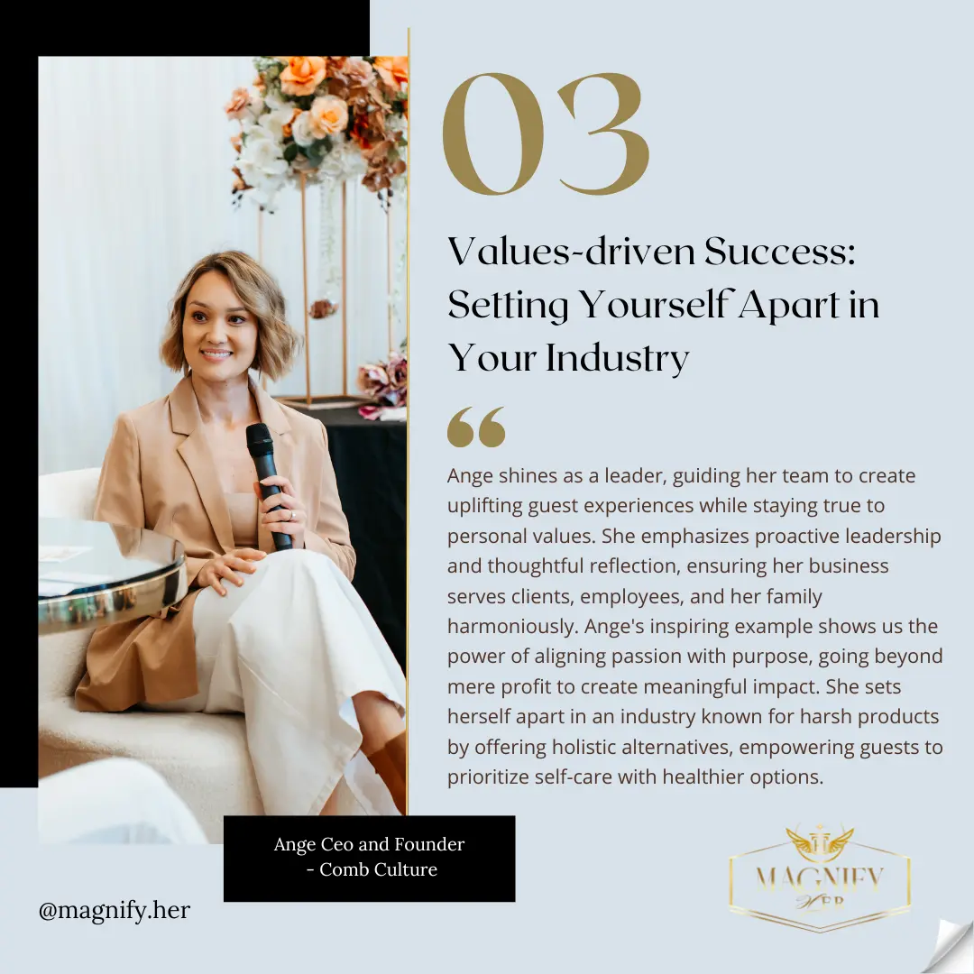 Values driven success: Setting yourself apart in your industry. Ange, CEO and founder of Comb Culture shines as a leader, guiding her team to create uplifting guest experiences while staying true to personal values. She emphasises proactive leadership and thoughtful reflection, ensuring her business serves clients, employees and her family harmoniously.....
