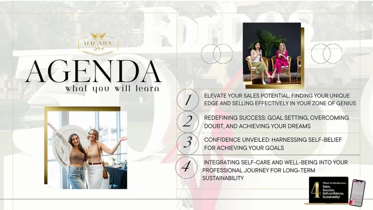 Agenda - what you will learn. 1. Elevate your sales potential: Finding your unique edge and selling effectively in your zone of genius. 2. Redefining success: Goal setting, overcoming doubt and achieving your dreams. 3. Confidence unveiled: Harnessing self-belief for achieving your goals. 4. Integrating self care and well-being into your professional journey for long term sustainability