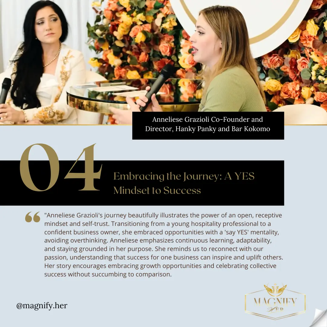 Embracing the Journey: A YES Mindset to success. Anneliese Grazioli Co-founder and director of Hanky Panky and Bar Kokomo, her journey beautifully illustrates the power of an open, receptive mindset and self trust. Transitioning from a young hospitality professional to a confident business owner, she embraced opportunities with a YES mentality...