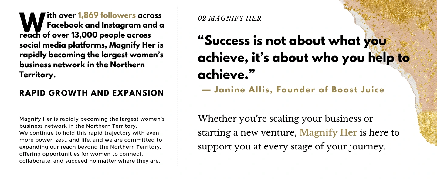 “Success is not about what you achieve, it’s about who you help to achieve.” - — Janine Allis, Founder of Boost Juice. With over 1,869 followers across Facebook and Instagram and a reach of over 13,000 people across social media platforms, Magnify Her is rapidly becoming the largest women’s business network in the Northern Territory. Whether you’re scaling your business or starting a new venture, Magnify Her is here to support you at every stage of your journey. Wagnify Her is rapidly becoming the largest women’s business network in the Northern Territory. We continue to hold this rapid trajectory with even more power, zest, and life, and we are committed to expanding our reach beyond the Northern Territory, offering opportunities for women to connect, collaborate, and succeed no matter where they are.