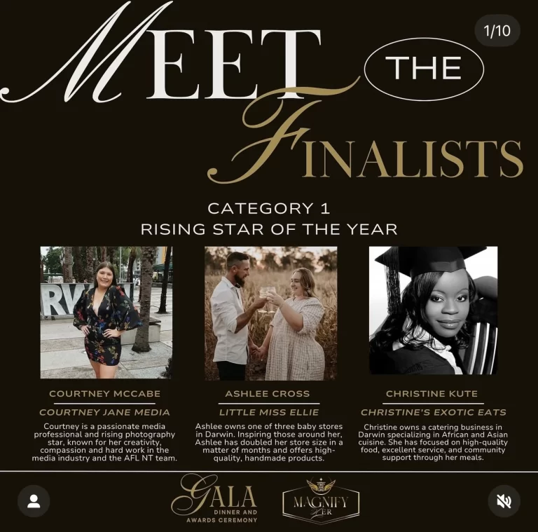 Meet the finalists of category 1 Rising star of the year: - Courtney Mccabe of Courtney Jane Media. - Ashlee Cross owner of Little Miss Ellie. - Christine Kute, Executive Chef and owner of Christine's Exotic Eats.