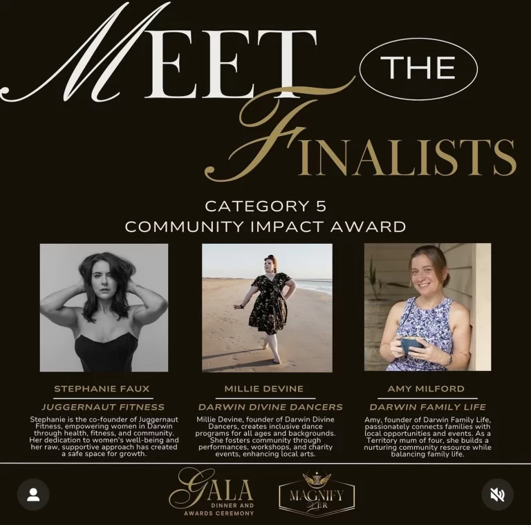 Meet the finalists of category 5 Community Impact Award: - Stephanie Faux, founder of Juggernaut Fitness. - Millie Devine, founder of Darwin Devine Dancers. - Amy Milford, founder of Darwin Family Life.