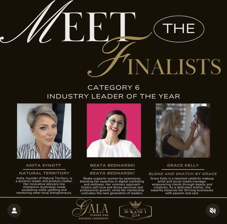 Meet the finalists of category 6 Industry leader of the year: - Anita Synott founder of Natural Territory. - Beata Bednarski, digital marketing expert. - Grace Kelly, founder of Blend & Snatch by Grace.