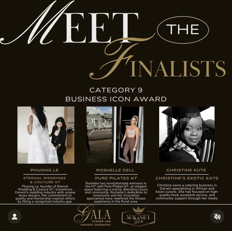 Meet the finalists of Category 9 Business Icon Award: - Phuong Le, FOunder of Eternal Weddings & Couture NT. - Roshelle Dell, CEO of Pure Pilates NT. - Christine Kute, Executive Chef and owner of Christine's Exotic Eats.