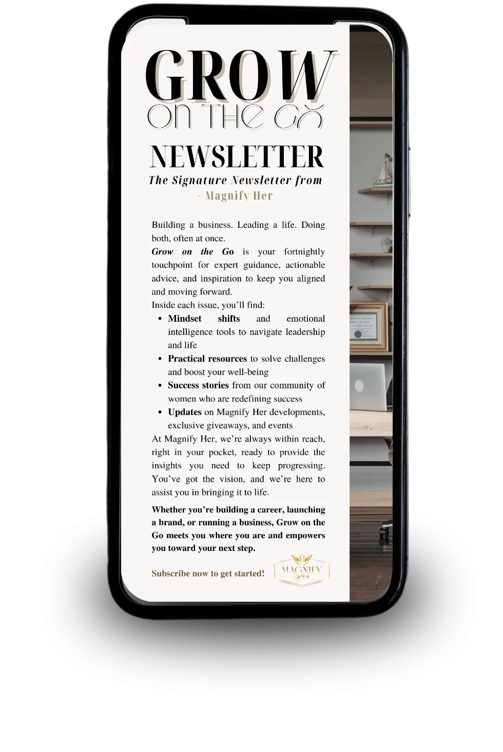 Grow on the Go Signature Newsletter featured on a mobile phone.
